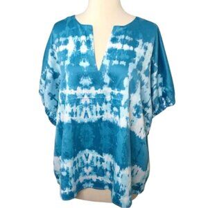 NEW MARC NEW YORK Blue White Tie Dye V-Neck Blouse Top Short Elbow Sleeve Small